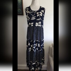 #7 Vintage Marisol Women's Sleeveless Maxi Black & White Floral Polka Dot Dress